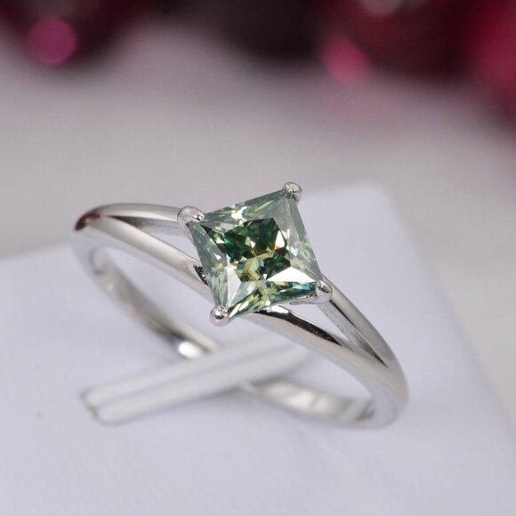 1.2ct Moissanite Princess Cut Blue Green Engagement Ring - Picture 6 of 7